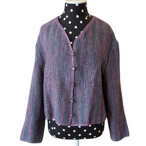 Hand Woven Wool Silk Crop Cardigan Jacket Purple Teal Stripe Cottage Boho Medium